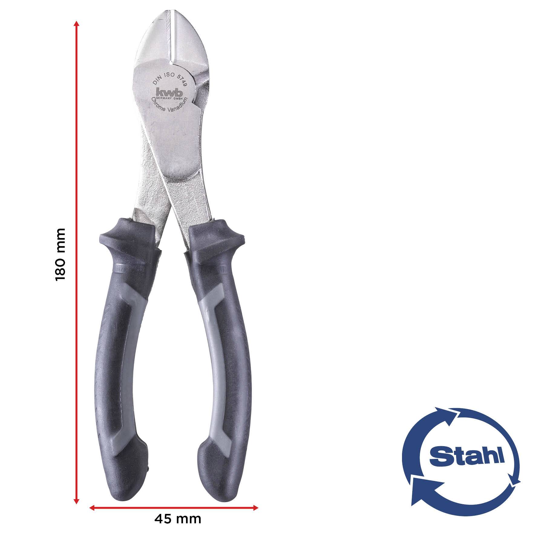 Boční štípací kleště o délce 180 mm a šířce 45 mm, zpracování z oceli.