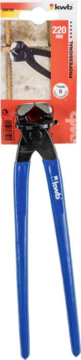 Kleště značky 'KWB Professional', dlouhé 220 mm, s modrými rukojeťmi, umístěné před produktovou krabicí v pozadí.