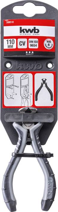 'Kwb' sada nástrojů s 110mm kleštěmi, produktové vyobrazení a detailní nákresy; vhodné pro pevné materiály.