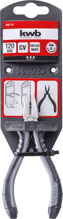 KWB kleště 120 mm CV. Balení obsahuje obrázek nástroje a technické údaje. Vhodné pro přesné řezací práce.