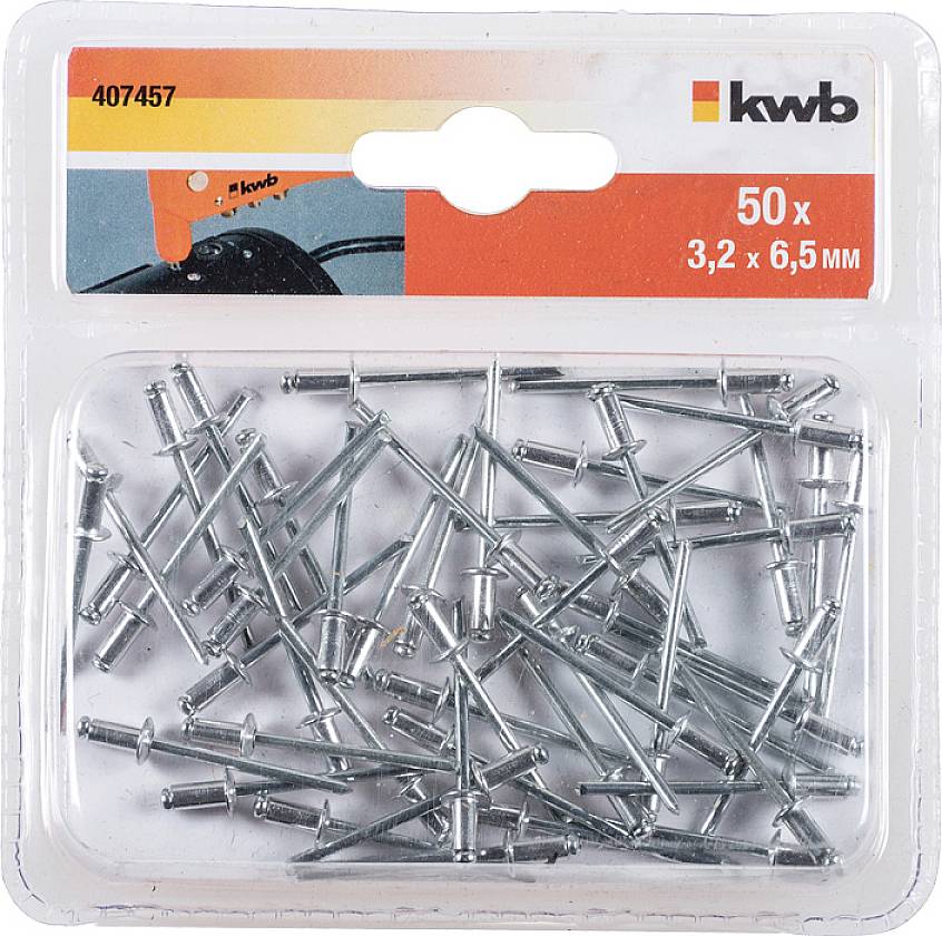 Krabice s 50 nýty pop, rozměry 3,2 x 6,5 mm, značky 'kwb', vyobrazená v průhledném plastovém obalu.