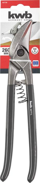 Nůžky na kov značky 'kwb' s ergonomickou rukojetí, délka 260 mm. Obal zobrazuje produktové detaily na červeno-bílém pozadí.
