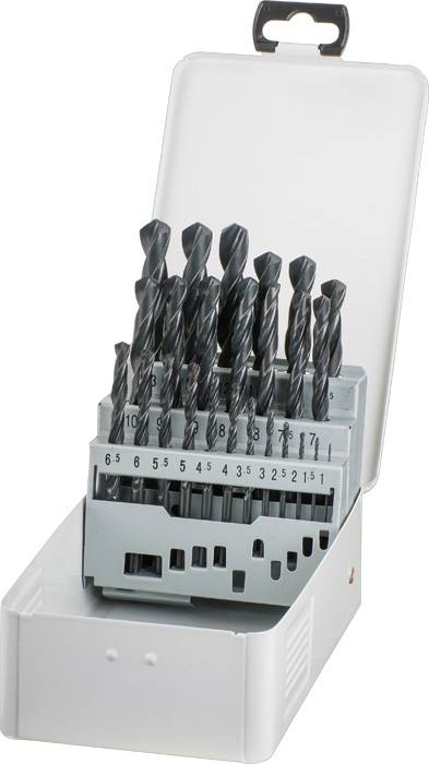 Sada kovových vrtáků v otevřeném bílém kufříku, seřazená podle velikosti od 1 mm do 10 mm, s číselnými označeními v každém oddělení.