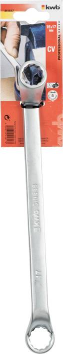 Stříbrný stranový klíč umístěný před oranžovým obalem značky 'kwb'. Na obalu nápis: '14 x 17 CV'.