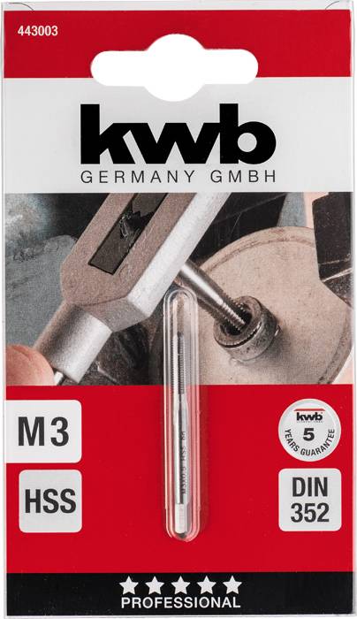 'kwb GERMANY GMBH' Balení s kovovým vrtákem (DIN 352, M3 HSS) a obrázkem vrtání. Pětiletá záruka, profesionální.