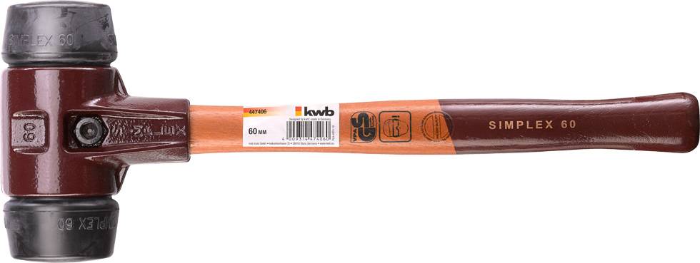 Zámečnické kladivo značky Schonhammer s červenou hlavou a černým gumovým nástavcem, dřevěná rukojeť s nálepkou značky 'kwb', model 'SIMPLEX 60'.