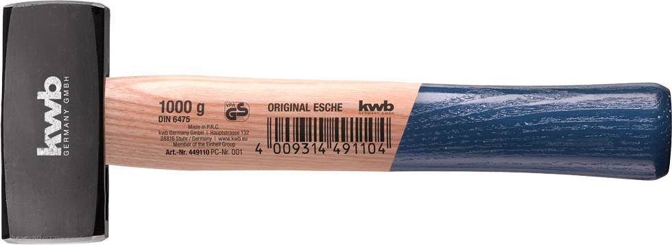 'Kladivo s dřevěnou rukojetí od kwb, hmotnost 1000 g, originální jasan, norma DIN 6475, černá hlava, délka cca 30 cm.'