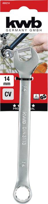 Balení francouzského klíče značky 'kwb GERMANY GMBH' pro 14 mm. Na pozadí je zobrazen jízdní kolo.