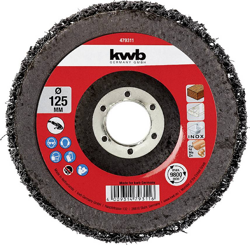 'Kwb brusný kotouč, průměr 125 mm, pro dřevo, kov, nerezovou ocel a hliník s max. 9800 ot./min.'