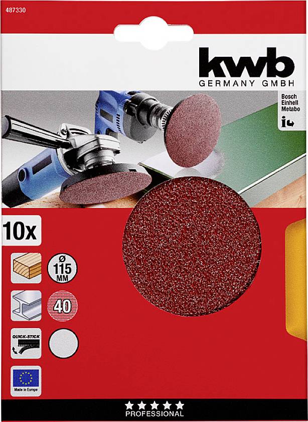 Sada brusných kotoučů o průměru 115 mm, vhodná pro úhlové brusky, zobrazená na červeném obalu. Logo značky a detaily jsou viditelné.