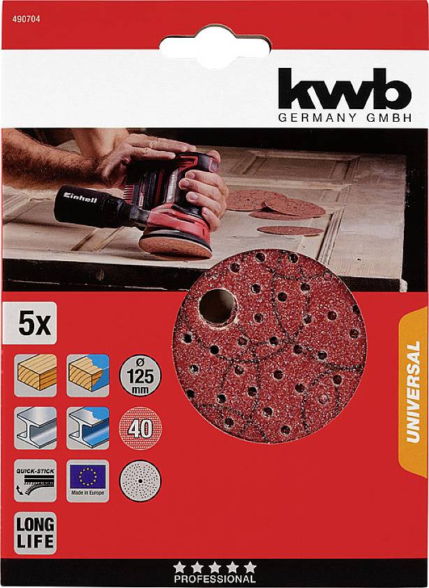 Kwb brusné papíry pro excentrickou brusku, 5 kusů, průměr 125 mm, vhodné pro dřevo, barvu a kov. Obsahuje obrázky a symboly pro použití.