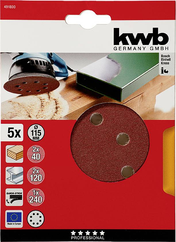 Balení brusných kotoučů značky kwb, vhodných pro excentrické brusky, obsahuje 5 kusů; zrnitosti: 2x 40, 2x 120, 1x 240.