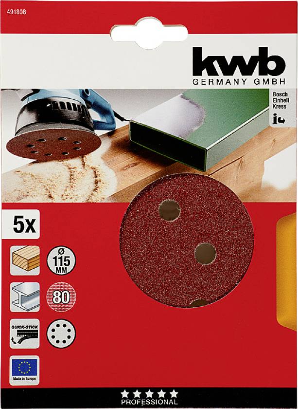 Balení obsahuje pět brusných kotoučů o průměru 115 mm, vhodných pro práci se dřevem a kovem, kompatibilních s nástroji Bosch a dalšími značkami.
