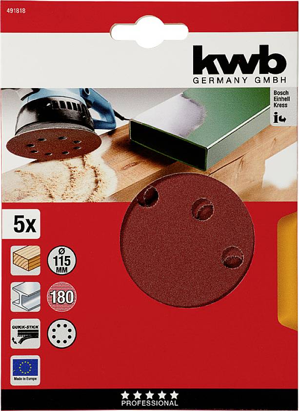 Balení brusných kotoučů s obrázkem brusiče. Obsahuje 5 kotoučů, 115 mm, zrnitost 180, vhodné pro opracování dřeva a kovu.