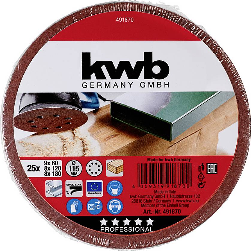 'Kwb Germany GmbH' brusné kotouče, balení po 25 kusech, na dřevo, kov, barvu. Průměr: 115 mm. Zrnitosti: 60, 80, 120, 180.