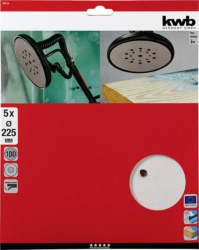 Balení smirkového papíru se suchým zipem, 5 kusů, průměr 225 mm. Zobrazuje použití na brusce a dřevěném povrchu.