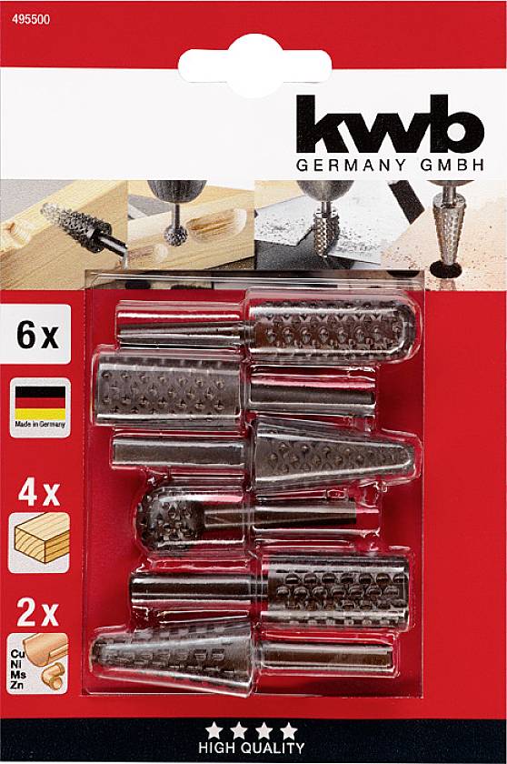 Sada šesti kovových fréz pro obrábění dřeva a kovu, zabalená v červené krabici s textem 'kwb Germany GmbH' a německou vlajkou.