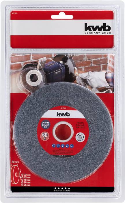 Brusný kotouč značky 'kwb' v blistrovém balení, s hrubostí zrna 60. Na obrázku je také nástroj při práci na cihlové zdi.