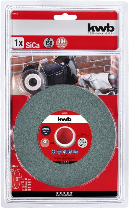 Brusný kotouč Ø 150 mm pro stroje, zrnitost 80, vhodný pro kovoobrábění a práci se dřevem. Obal ukazuje použití a detaily značky.