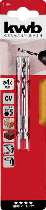 Vrták značky 'kwb Germany GmbH', velikost 4,0 mm, pro dřevo, dřevěné materiály, plasty, s šestihrannou stopkou.