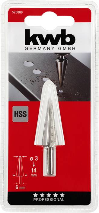 Balení stupňovitého vrtáku od společnosti 'kwb Germany GmbH', vhodného pro materiály o tloušťce 3 až 14 mm.