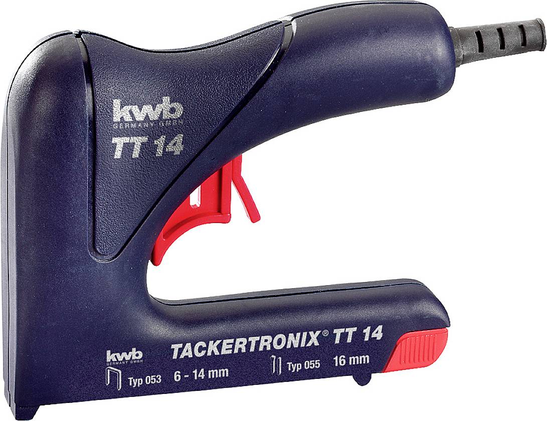 Ruční sponkovačka značky KWB, model TT 14, v modro-černém provedení s červeným držadlem. Vhodná pro spony o délce 6-14 mm.
