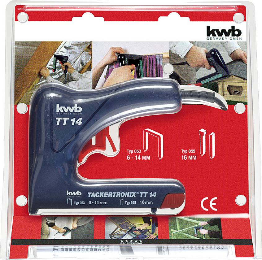 "Kwb Tackertronix TT 14", zabalený na kartě s obrázky použití. Obsahuje sponkovací pistoli a přehled typů spon podle velikosti.
