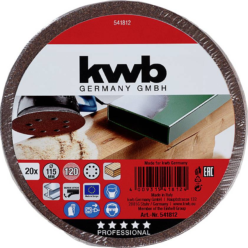 Sada brusných kotoučů 'Kwb Germany GmbH', 20 kusů, 115 mm, zrnitost 120, vhodná pro opracování dřeva a kovu, s různými symboly.