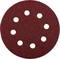 Červený smirkový papír v kruhovém tvaru s osmi rovnoměrně rozmístěnými otvory.