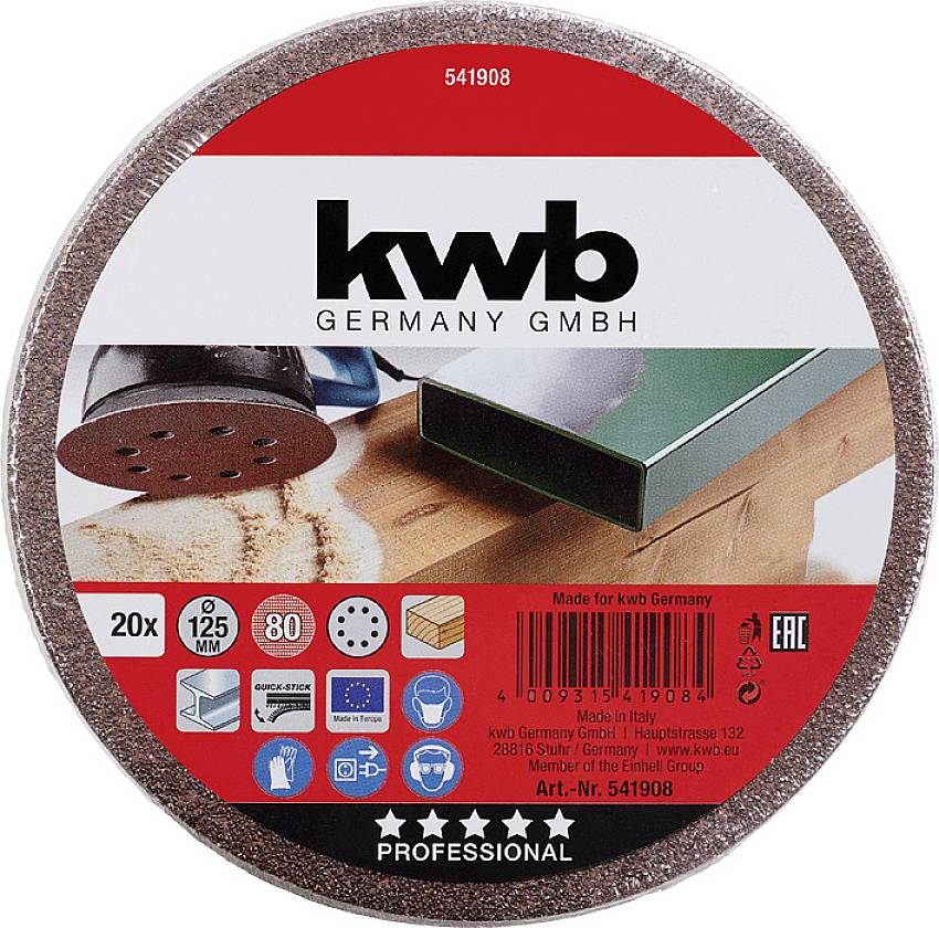 Kulatý brusný kotouč od 'kwb Germany GmbH', 20 kusů, průměr 125 mm, zrnitost 80, vhodný pro opracování dřeva a kovu.