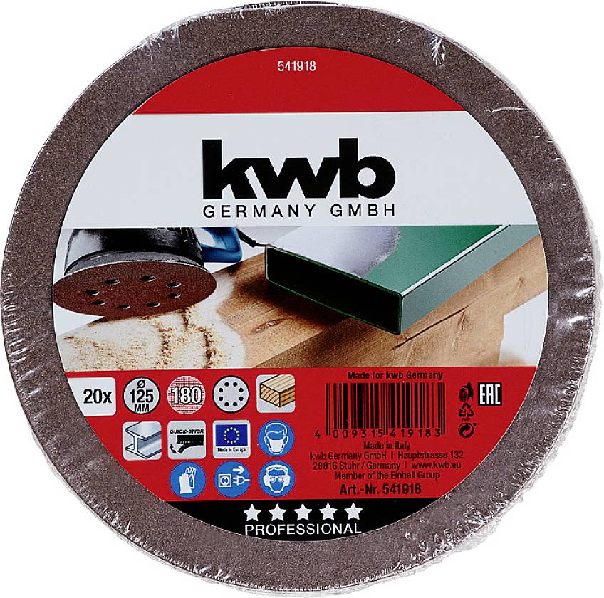 'kwb Germany GMBH' balení brusných kotoučů s produktovou fotografií. Obsahuje 20 kusů, průměr 125 mm, zrnitost 180. Evropské certifikační značky kvality.