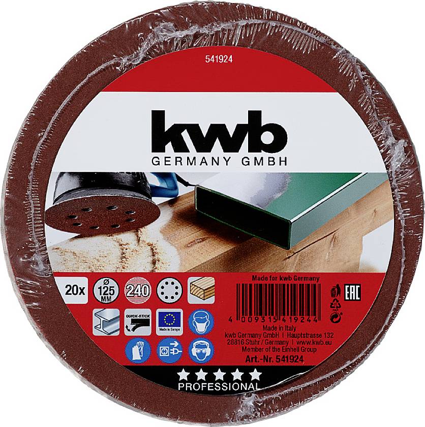 Kulatý brusný papír od 'kwb Germany GmbH', průměr 125 mm, zrnitost 240, vhodný pro dřevo. Obsahuje symboly pro použití a kvalitu.