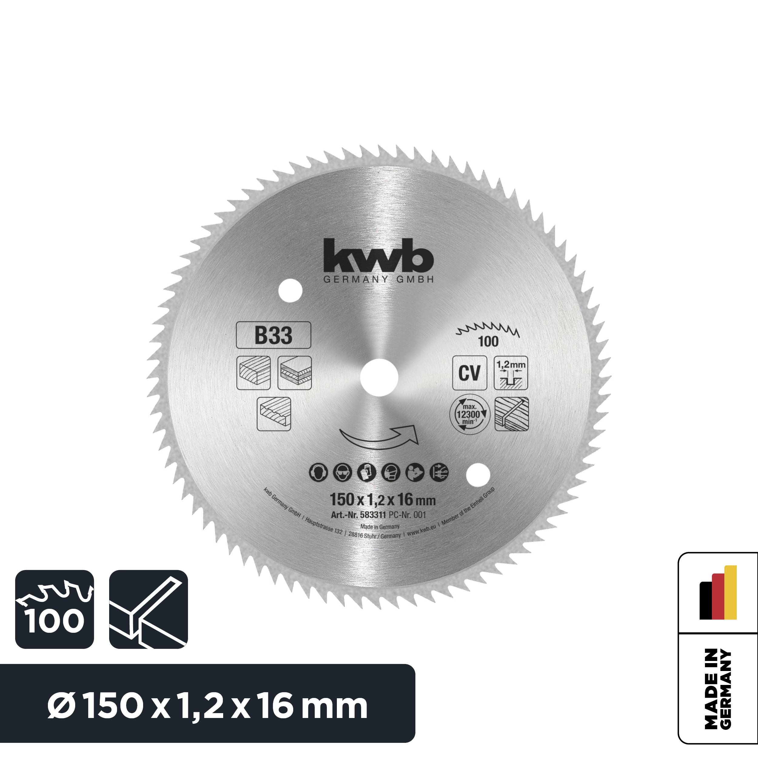Pilový kotouč z oceli, Ø 150 x 1,2 x 16 mm, 100 zubů. Vhodný pro dřevo, plast a hliník. Vyrobeno v Německu.