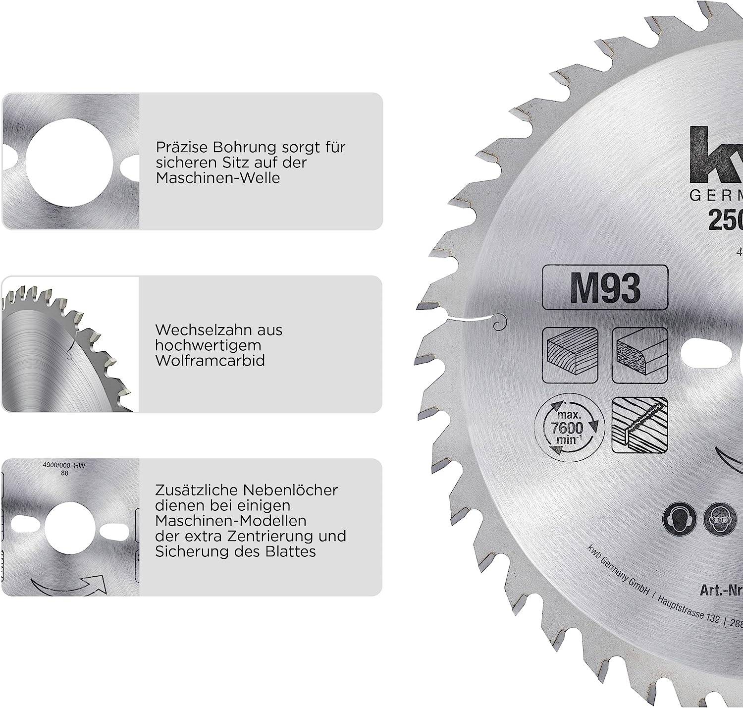 Pilový kotouč s nápisem 'Přesný otvor zajišťuje bezpečné usazení', 'Výměnný zub z karbidu wolframu', 'Dodatečné vedlejší otvory'.
