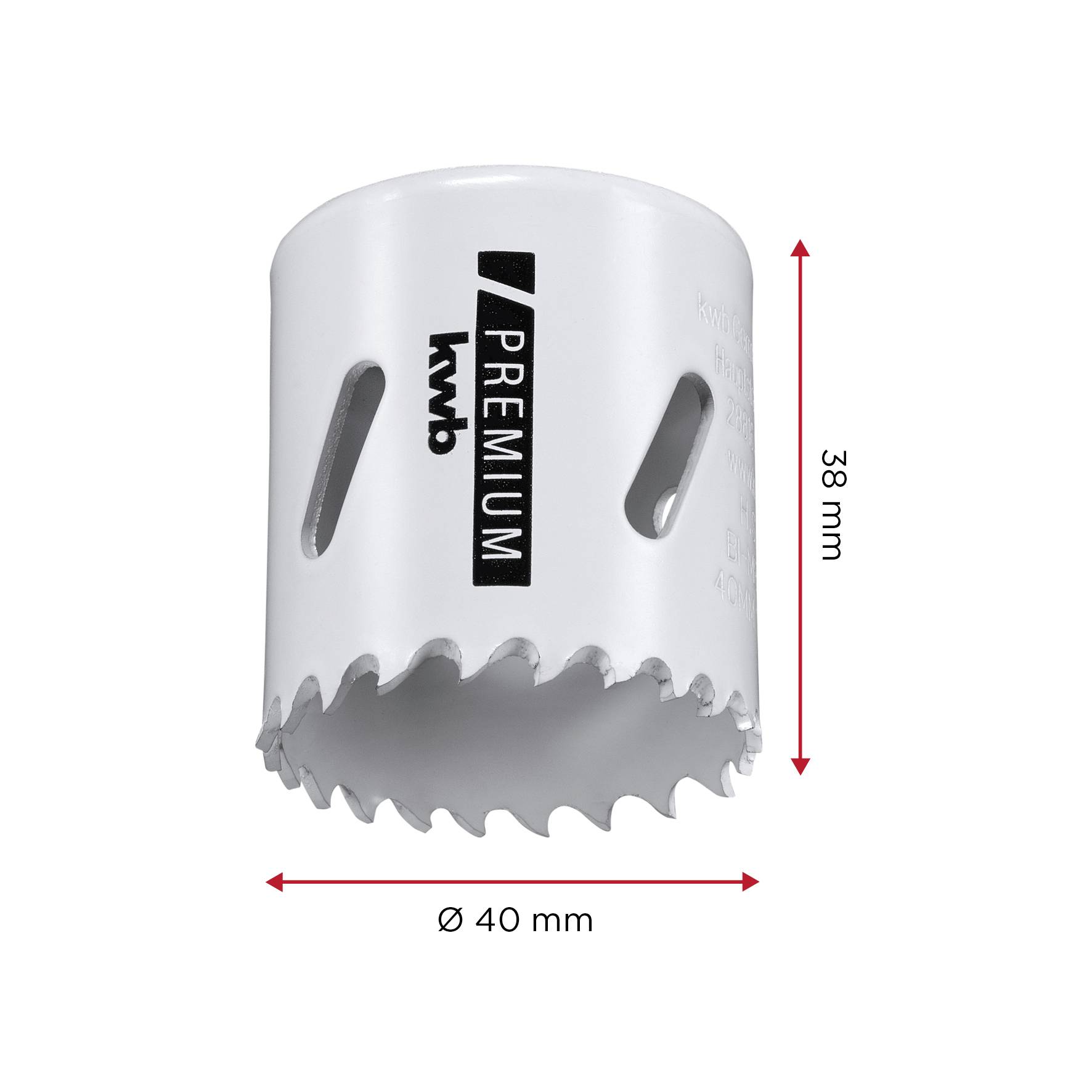 Děrovací pila s průměrem 40 mm a výškou 38 mm. Pila je bílá s nápisem 'PREMIUM'.
