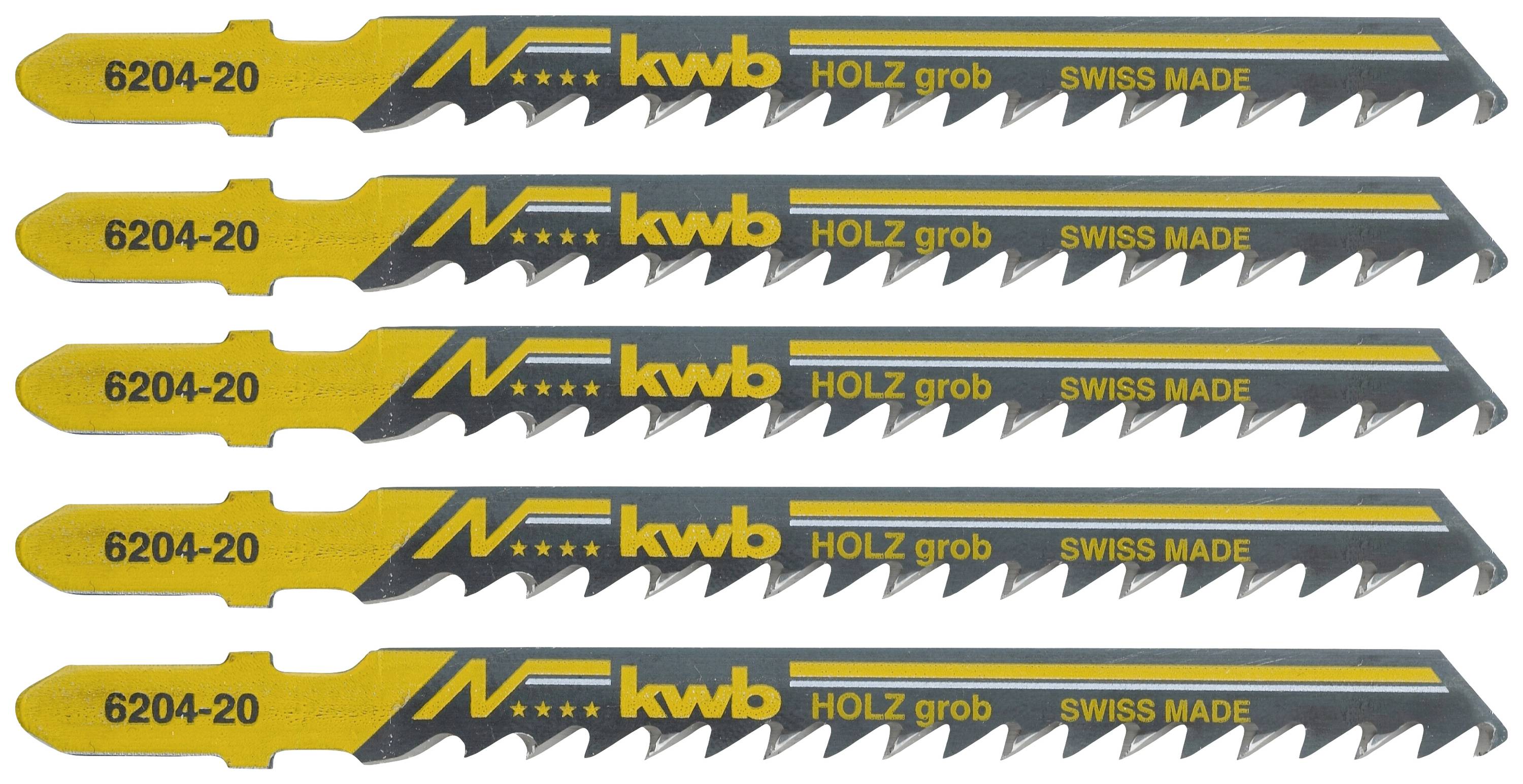 Pět pilových plátků s nápisem 'kwb DŘEVO hrubé SWISS MADE', modelové číslo '6204-20', vhodné pro řezání dřeva.