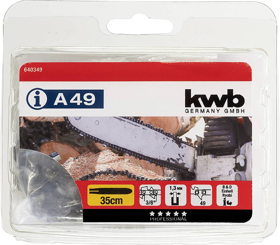 Balení řetězu pily značky kwb, model A49. Délka 35 cm, tloušťka článků 1,3 mm. Informace o modelu a použití.