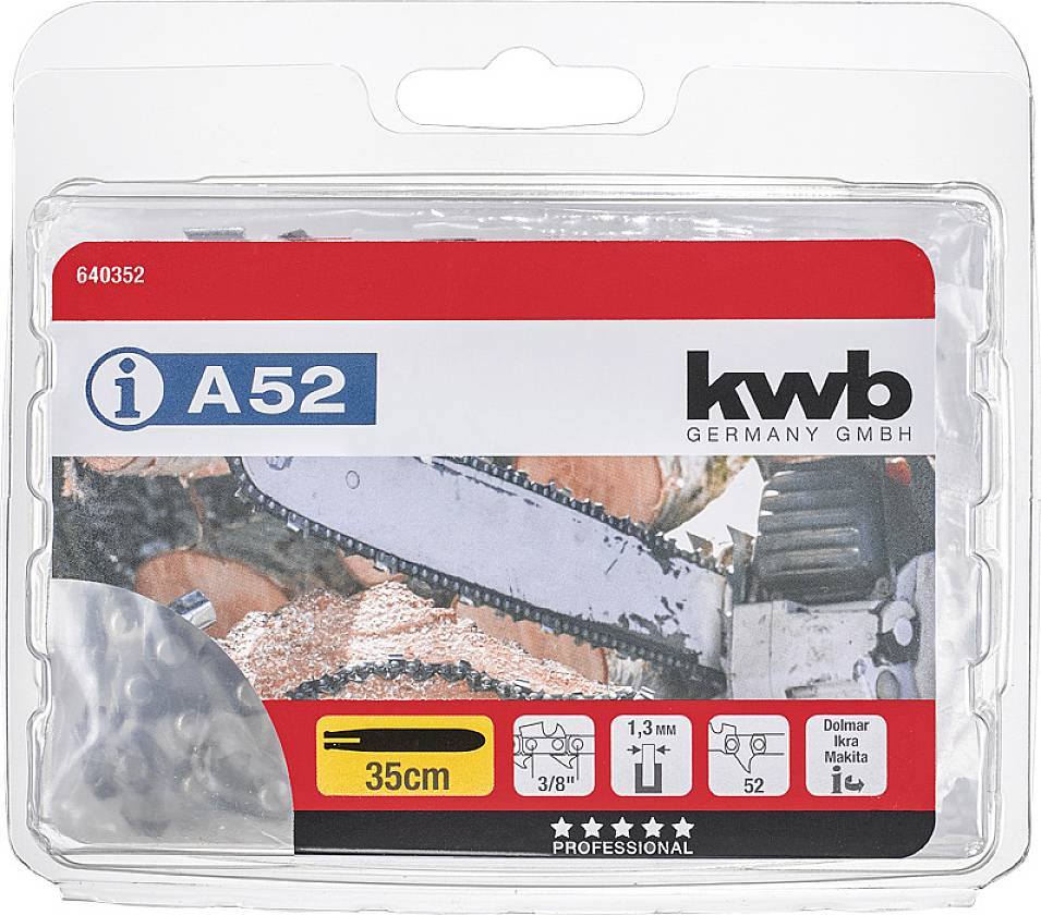 Řetěz motorové pily značky 'kwb Germany GmbH', model 'A52', vhodný pro lištu 35 cm, rozteč 3/8", tloušťka 1,3 mm, 52 hnacích článků.
