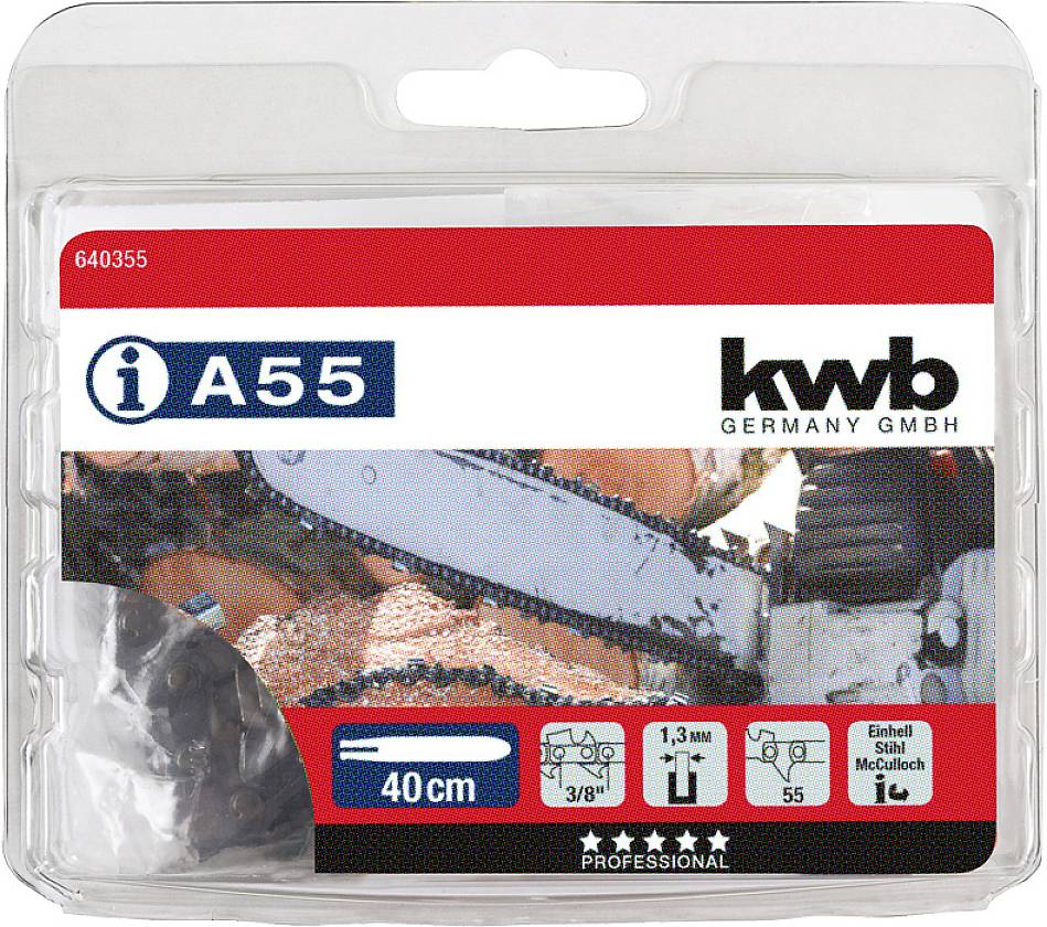 Obal řetězového pilového listu značky KWB Germany GmbH, typ A55, vhodný pro McCulloch, o délce 40 cm s tloušťkou řezu 1,3 mm.