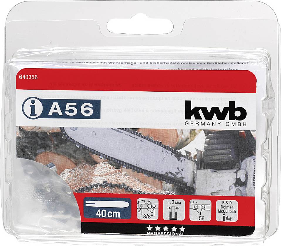 Řetěz motorové pily v balení od KWB Germany GmbH, délka 40 cm, 3/8 palce, tloušťka 1,3 mm, vhodný pro B&D, Dolmar, McCulloch.