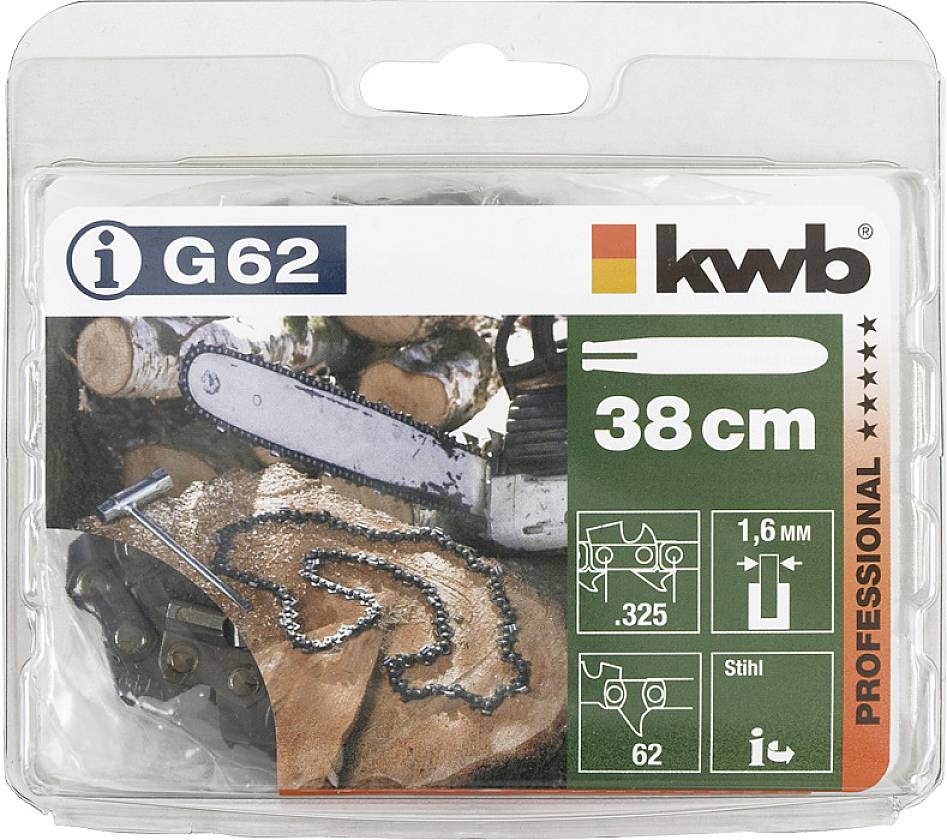 Obal řetězu motorové pily s potiskem 'G62'. Značka 'kwb', délka lišty 38 cm, rozteč řetězu 1,6 mm, vhodný pro Stihl.
