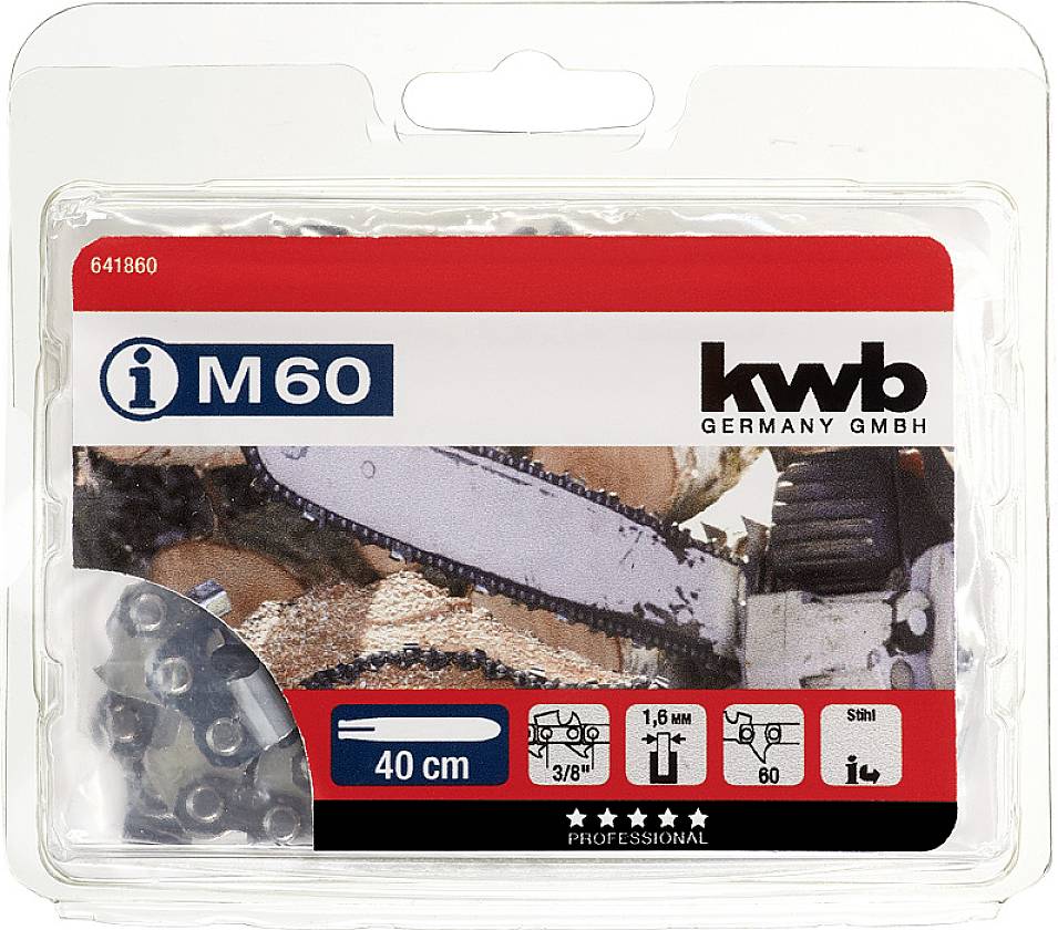 Balení řetězu motorové pily od kwb Germany GmbH, model M60 pro 40 cm vodicí lišty. Specifikace: tloušťka 1,6 mm, rozteč 3/8", 60 hnacích článků.