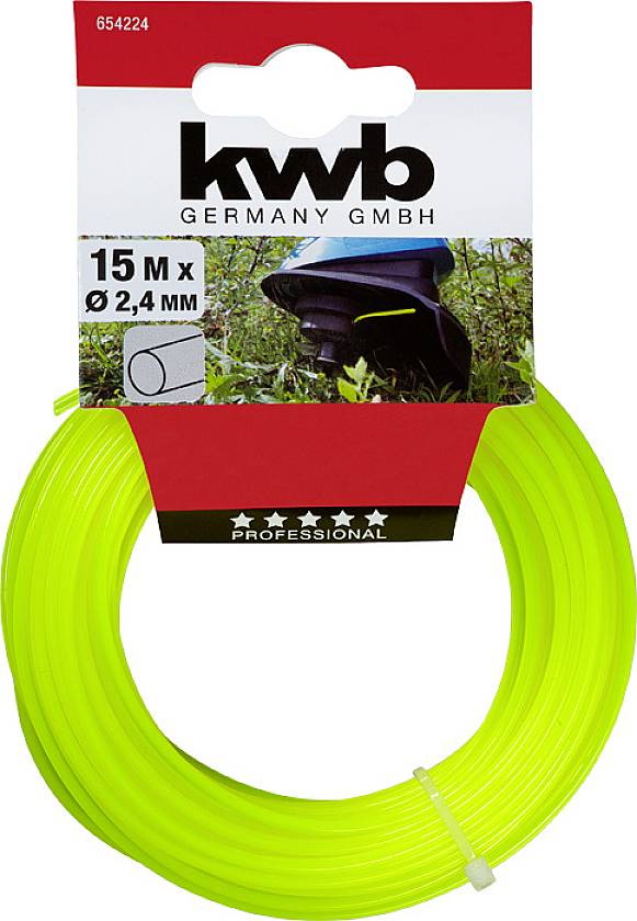 Balíček obsahující 15 metrů dlouhou a 2,4 mm tlustou, zářivě žlutou sekací/vyžínací šňůru značky 'kwb Germany GmbH'.