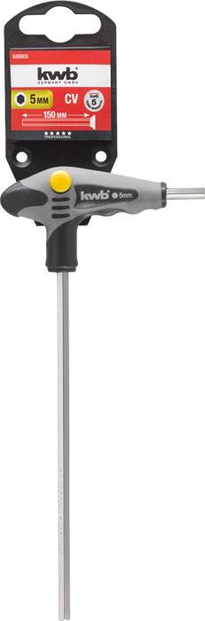 Šestihranný inbusový klíč T-Griff od značky 'kwb' o velikosti 5 mm a délce 150 mm. Balení zobrazuje detaily produktu a logo značky.