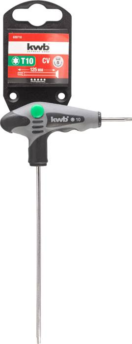 T-shaped Torx key with gray handle, size marking 'T10', and 125 mm length. Packaging shows brand and product details.<br><br>Překlad:<br>T-klíč Torx s šedým držadlem, velikost 'T10', délka 125 mm. Obal zobrazuje značku a detaily produktu.