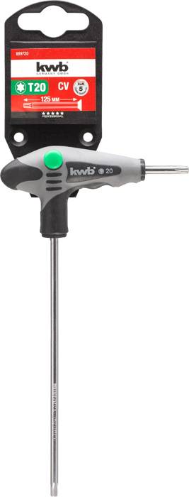 T-šroubovák s šedým držadlem, s hlavou Torx T20, délka 125 mm. Obal zobrazuje značku 'kwb' a detaily produktu.