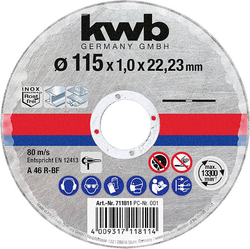 'Brusný kotouč značky KWB, Ø 115 x 1,0 x 22,23 mm. Nerez, max. 13300 ot./min, 80 m/s, vhodný pro obrábění kovů.'