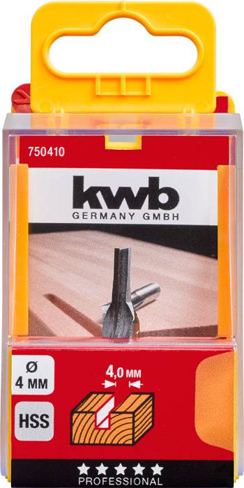 'KWB Germany GmbH 4mm HSS drážkovací fréza. Profesionální kvalita, Ø4 mm. Balení s obrázkem frézy a ukázkou použití na dřevě.'