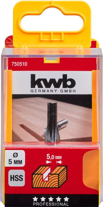 Sada fréz 'KWB Germany GmbH', balení zobrazuje stopkové frézy na dřevěném povrchu. Průměr: 5 mm, materiál HSS, profesionální použití.