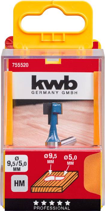 'Kwb Germany GmbH' Obaly pro HM-frézy, 9,5 mm x 5,0 mm. Obrázek frézy na dřevěném povrchu s profesionálním štítkem.